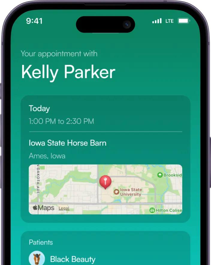 Kreative DocuVet mobile app mockup of single appointment selection screen.