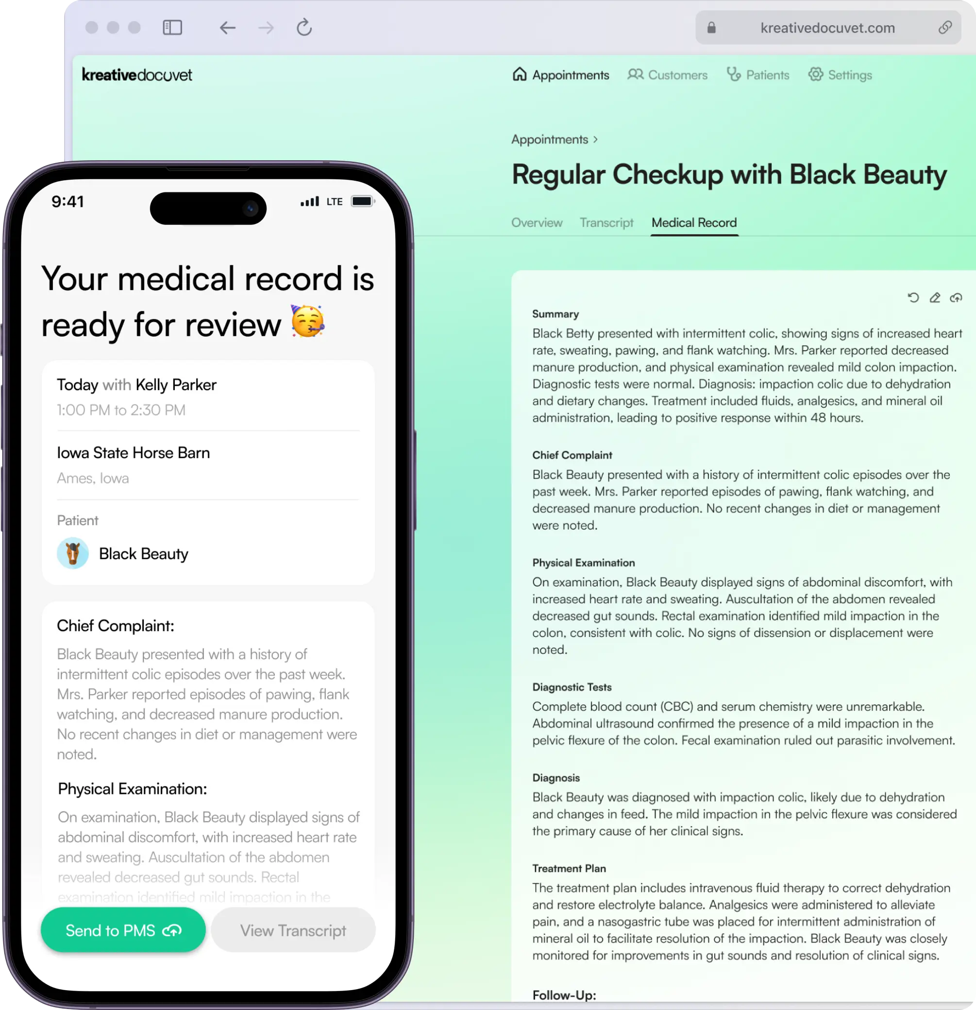 Kreative DocuVet mobile and website mockup of the completed medical record screens.