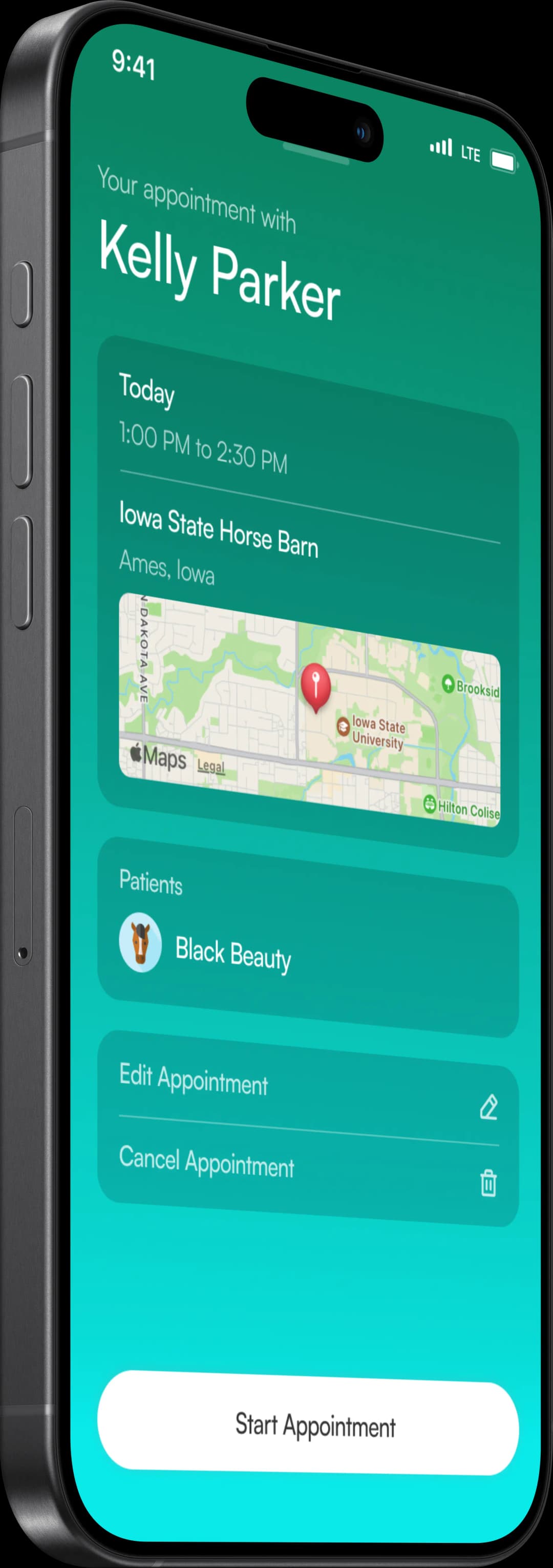 Kreative DocuVet on iPhone 15 Pro Max, mockup of the single appointment page.