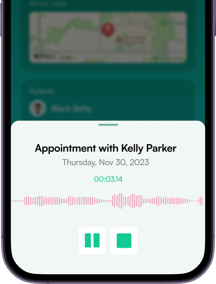 Kreative DocuVet mobile app mockup of appointment recording screen.